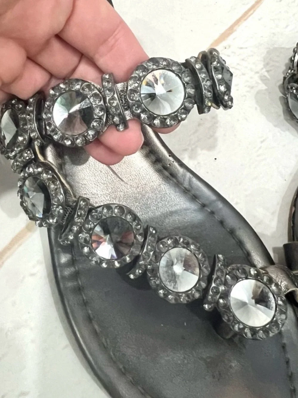 Vince Camuto Metallic Leather Imanal Rhinestone Jeweled Kitten Wedge Sandals